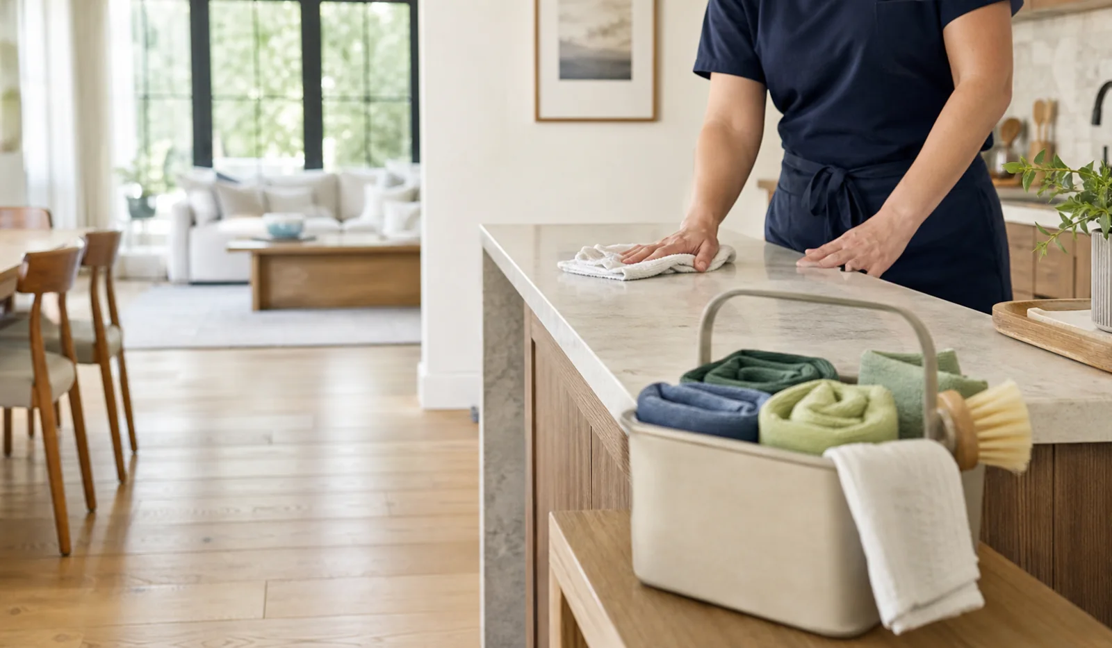 Professional cleaner wiping a kitchen island beside an organized supply caddy.