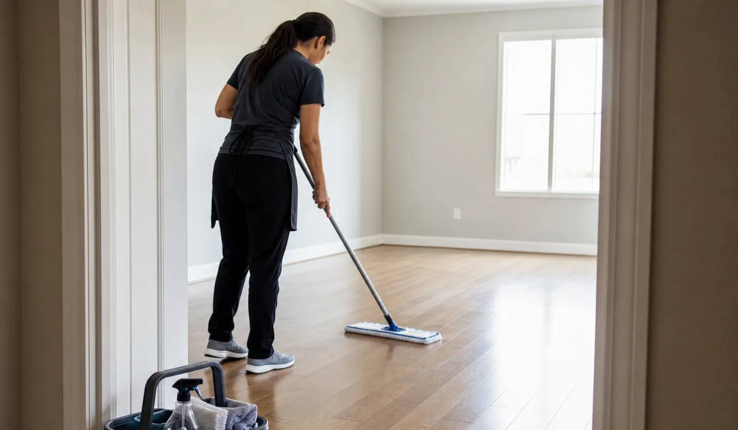 Home Cleaning service area photo for Gastonia, NC. Professional cleaner mopping an empty sunlit room during a final move-out reset.