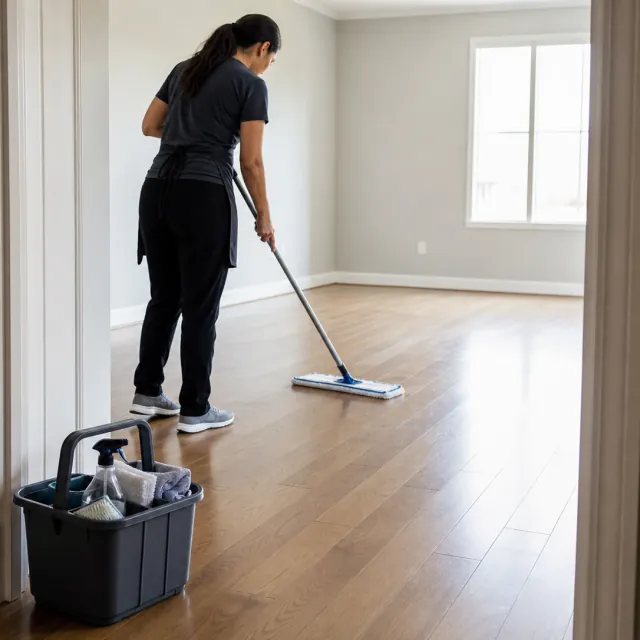 Move-Out Cleaning service photo. Professional cleaner mopping an empty sunlit room during a final move-out reset.